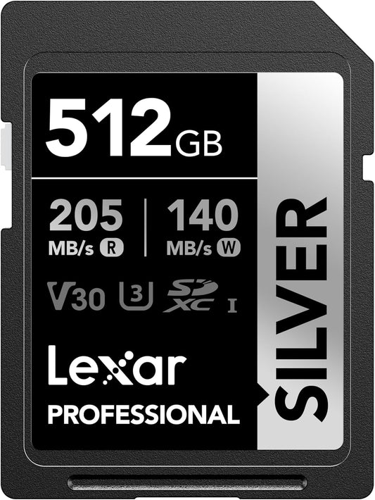 Lexar 512GB Professional Silver SD Card, UHS-I, C10, U3, V30, 4K, Up to 205/140 MB/s SDXC Memory Card, for Professional Photographer, Videographer, Enthusiast (LSDSILV512G-BNNNU)