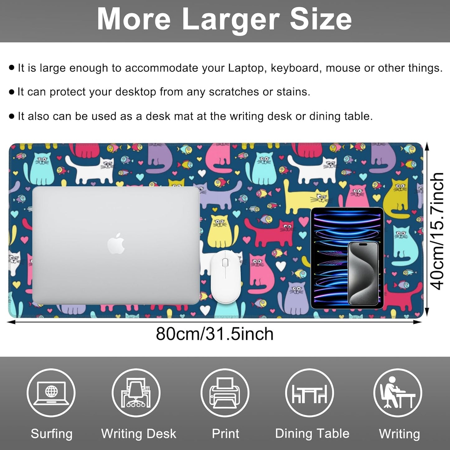Mouse Pad, Large Cartoon Cats and Fish Desk Mat, Extended Non-Slip Gaming Keyboard Mousepad Desk Pad, Thick Stitched Edges Waterproof Mouse Mat 31.5"x15.7" (Funny Doodle Kittens)