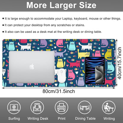 Mouse Pad, Large Cartoon Cats and Fish Desk Mat, Extended Non-Slip Gaming Keyboard Mousepad Desk Pad, Thick Stitched Edges Waterproof Mouse Mat 31.5"x15.7" (Funny Doodle Kittens)