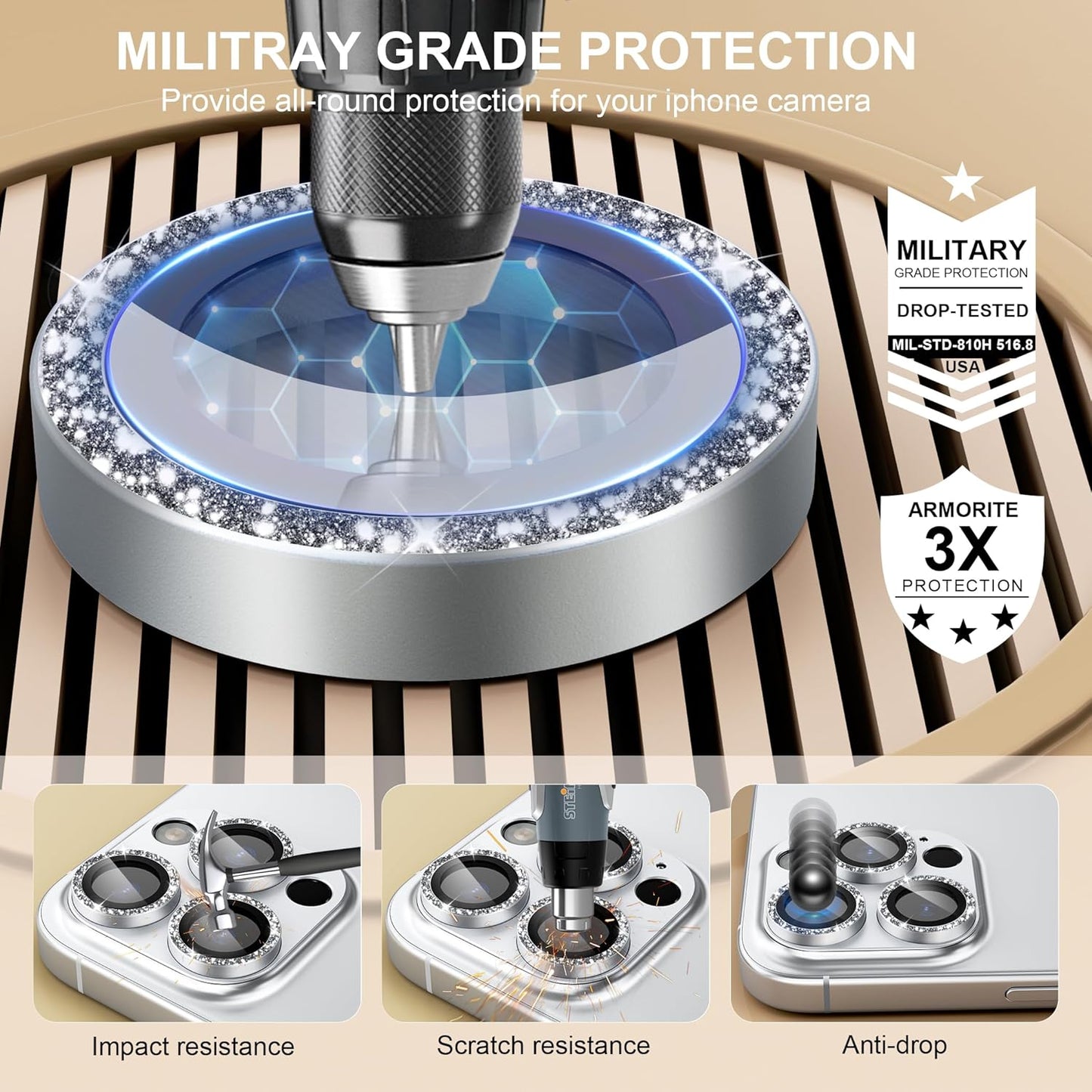 beuxece Compatible for iPhone 16 Pro/iPhone 16 Pro Max Camera Lens Protector, Bling Metal Tempered Glass Camera Screen Cover Accessories [Strong Adsorption][Case-Friendly]- Glitter Titanium Silver