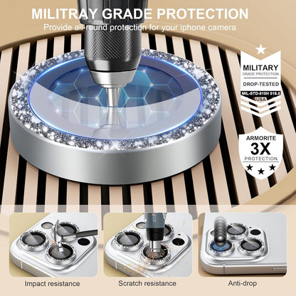 beuxece Compatible for iPhone 16 Pro/iPhone 16 Pro Max Camera Lens Protector, Bling Metal Tempered Glass Camera Screen Cover Accessories [Strong Adsorption][Case-Friendly]- Glitter Titanium Silver