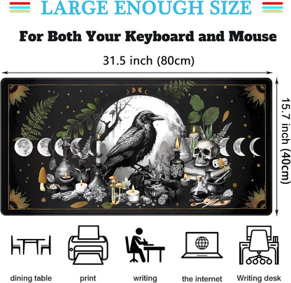 Cute Kawaii Raven Desk Mat XXL Large Extended Gaming Mouse Pad Nature Forest Gothic Mousepad with Stitched Edges, Anime Skull Laptop Keyboard and Mouse Mat Desk Pad for Work Game 31.5x15.7 in