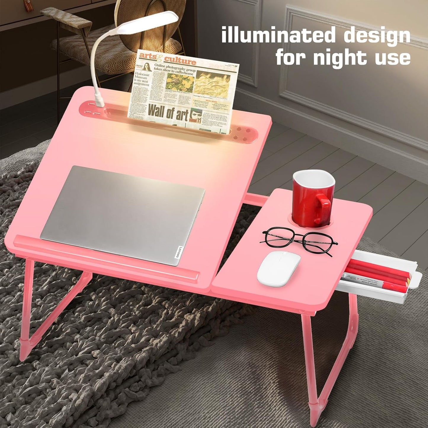 CloudTrip Plus XL Adjustable 17in Laptop Desk with Light, USB Port, iPad Holder, Drawer Storage - Larger 23.6IN Adjustable Lap Desk for Bed, Home Office, Breakfast Tray, Fordable Legs Desk (Pink)