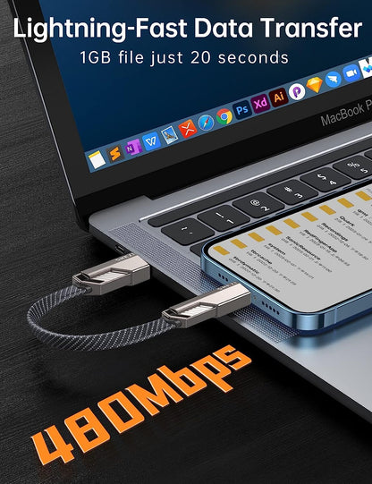 SHEZI [Upgraded 2.0] 4-in-1 Short USB C Cable 60W 0.6FT Fast Charging [480Mbps Data Sync] Flat Nylon Braided Charger Cord Combo, USB A/C to C/L Multi Charge Cable for iPhone/iPad & Most Devices, Grey