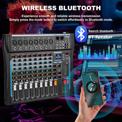 8 Channel Audio Mixer Sound Board Mixer 16 DSP Effect Audio Interfacer w/USB Drive for Computer Recording, 48V Power, XLR Microphone Jack DJ Mixer for Karaoke Studio Streaming Recording