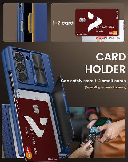 Vihibii for Samsung Galaxy Z Fold 6 Case with Card Holder & Belt Clip Holster & Camera Cover & Hinge Protection & Screen Protector, Durable Rugged Protective Wallet Case for Samsung Z Fold 6, Blue