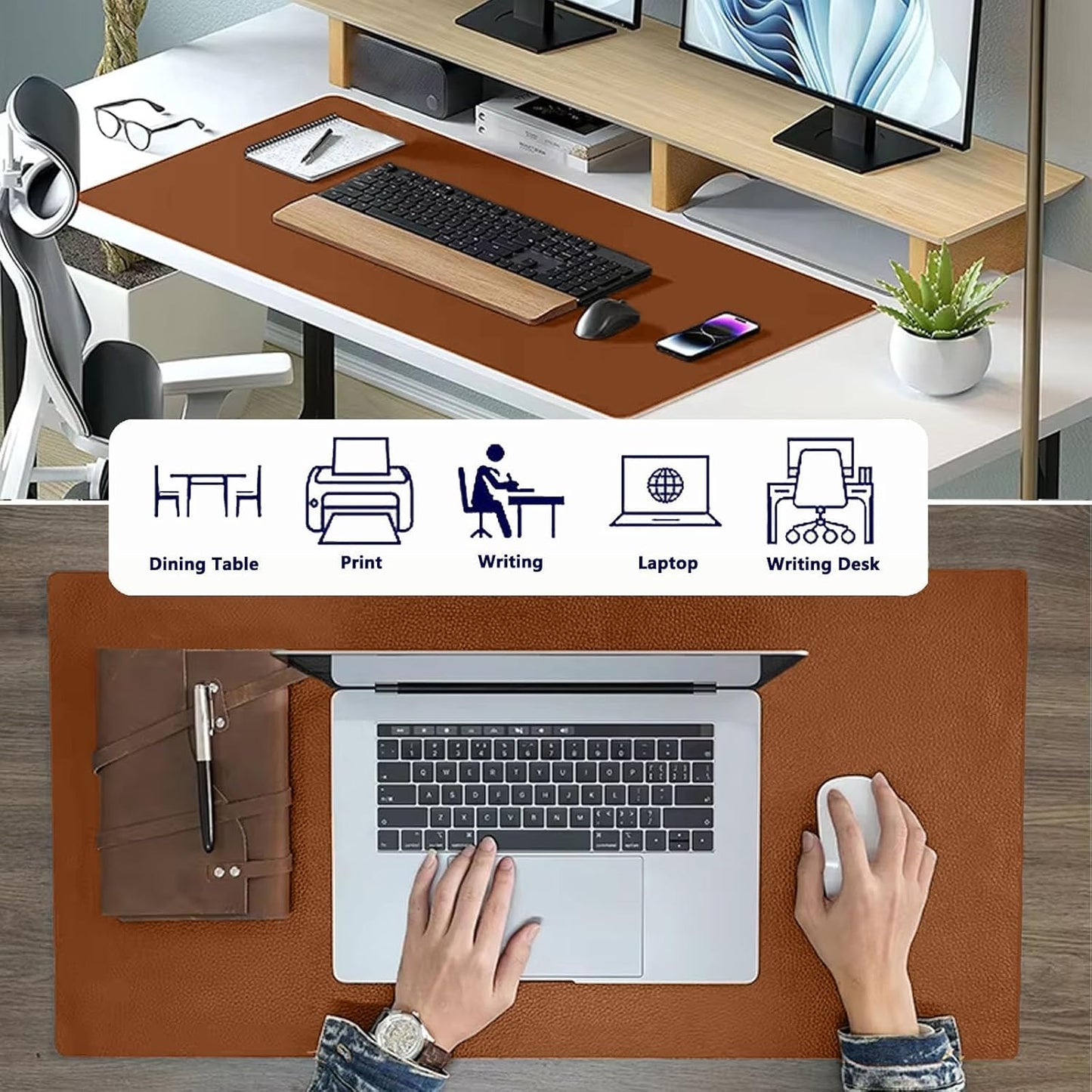 PU Leather Desk Pad Protector Gaming Mouse Pad Non Slip Desk Mat for Keyboard and Mouse Waterproof Desk Writing Pad for Office and Home Desk Accessories(Brown, 47.2 * 17.7)