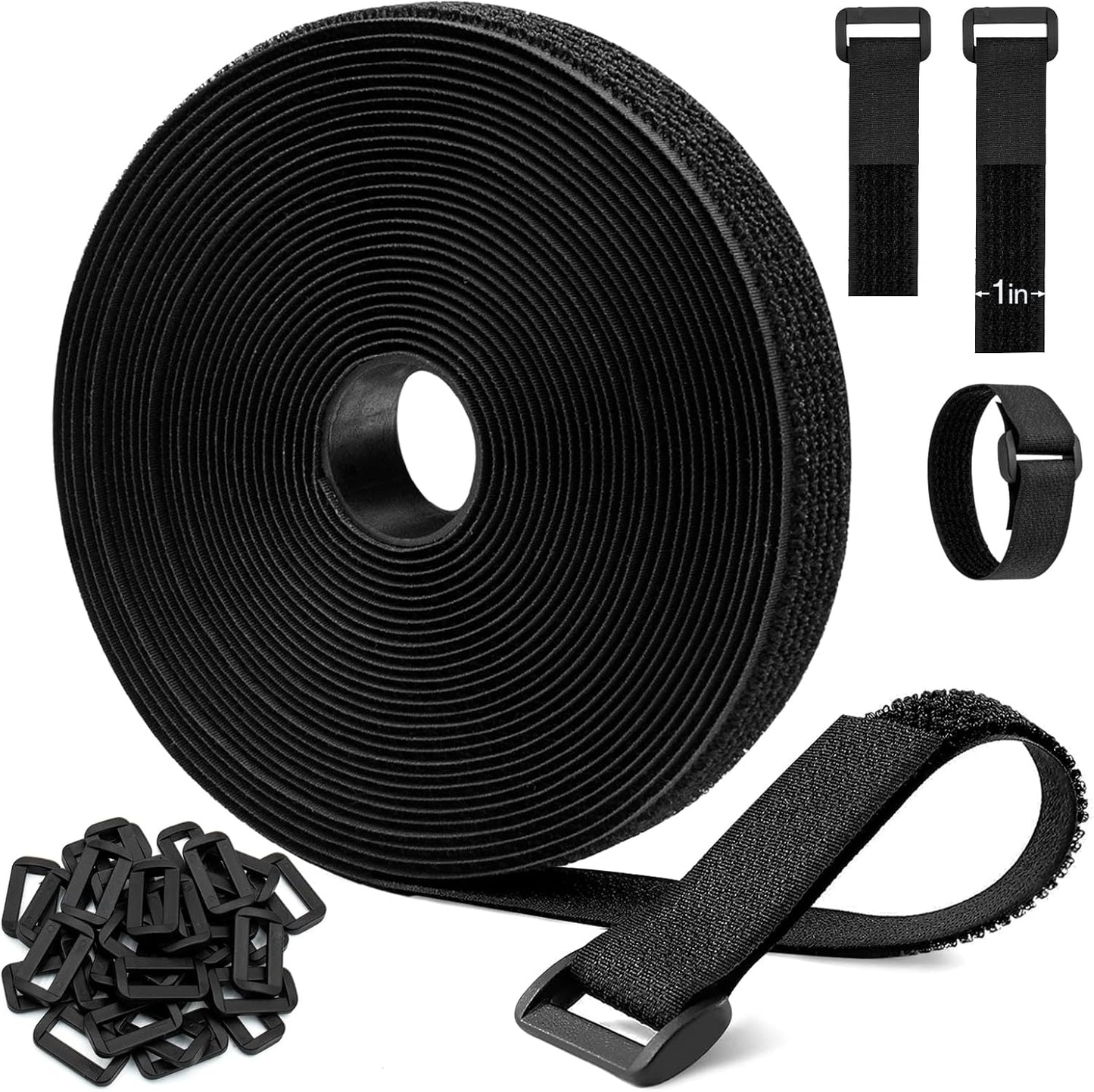 26ft Cut-to-Length Cable Straps 1in Wide with 20pcs Plastic Buckles, Adjustable Cinch Strap Free Cutting, Reusable Hook and Loop Straps for Fastening Cable Ties, Cord Straps, Wire Management