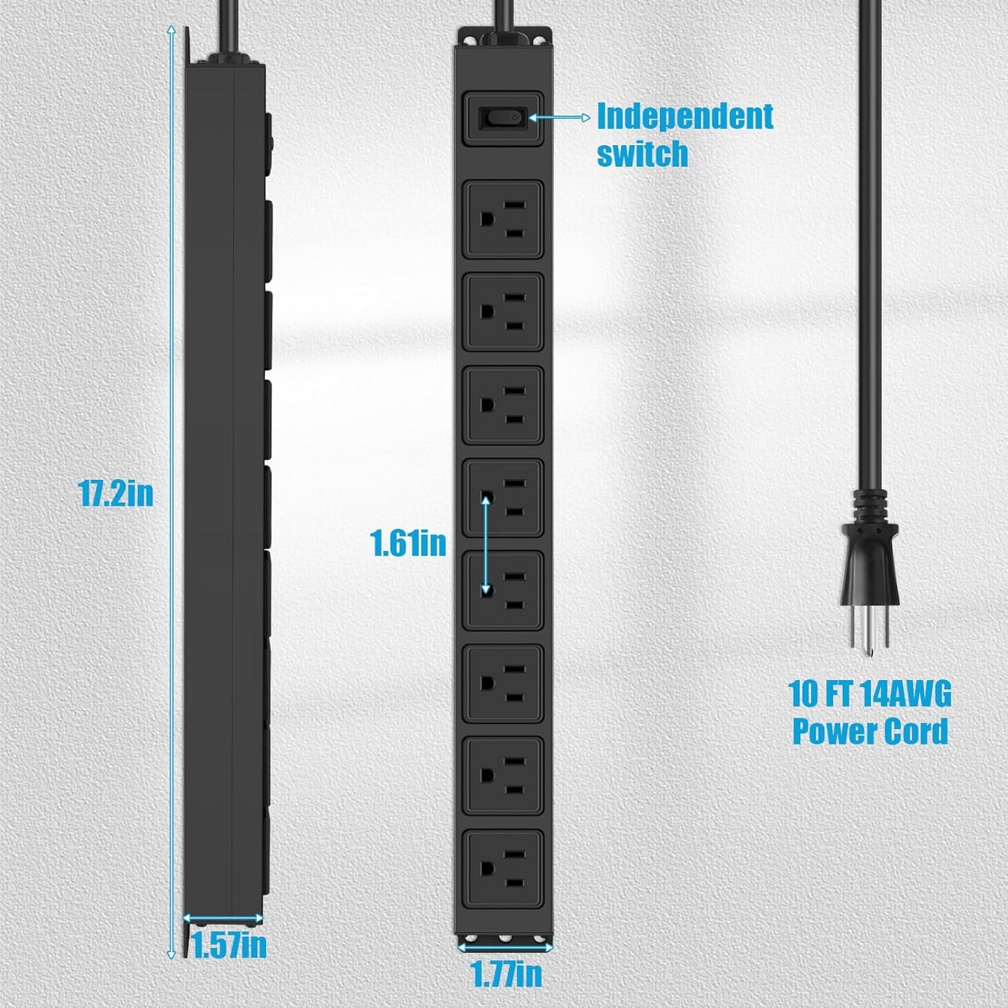 HHSOET Magnetic Mount Power Strip, 8 Outlet Mountable Socket, Metal Heavy Duty Surge Protector, Gaming Table Outlet, Easy to Fix Without Drilling or Taping, 10FT Extension Cord.(Black)