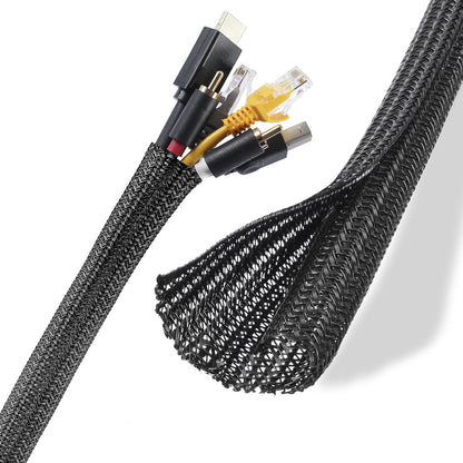 Cable Management Sleeves 1in - 2 Pack 6.6ft Split Braided Sleeve Black, Protectors From Pets, Wire Organizers, Flexible Wrap for Computer Cord Management