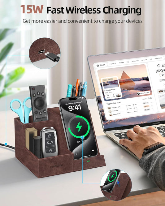 Wireless Charger with Desk Organizer, Pen Pencil Holder, Multifunctional Desktop Organizer, Office Supplies and Desk Accessories Organizer with 3 Compartments and 1 Phone Stand, Dark Brown