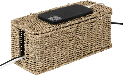 StorageWorks Cable Management Box, 2 Slots Wicker Cable Organizer to Hide Cords and Power Strip, Seagrass Cord Hider Box for Home & Office