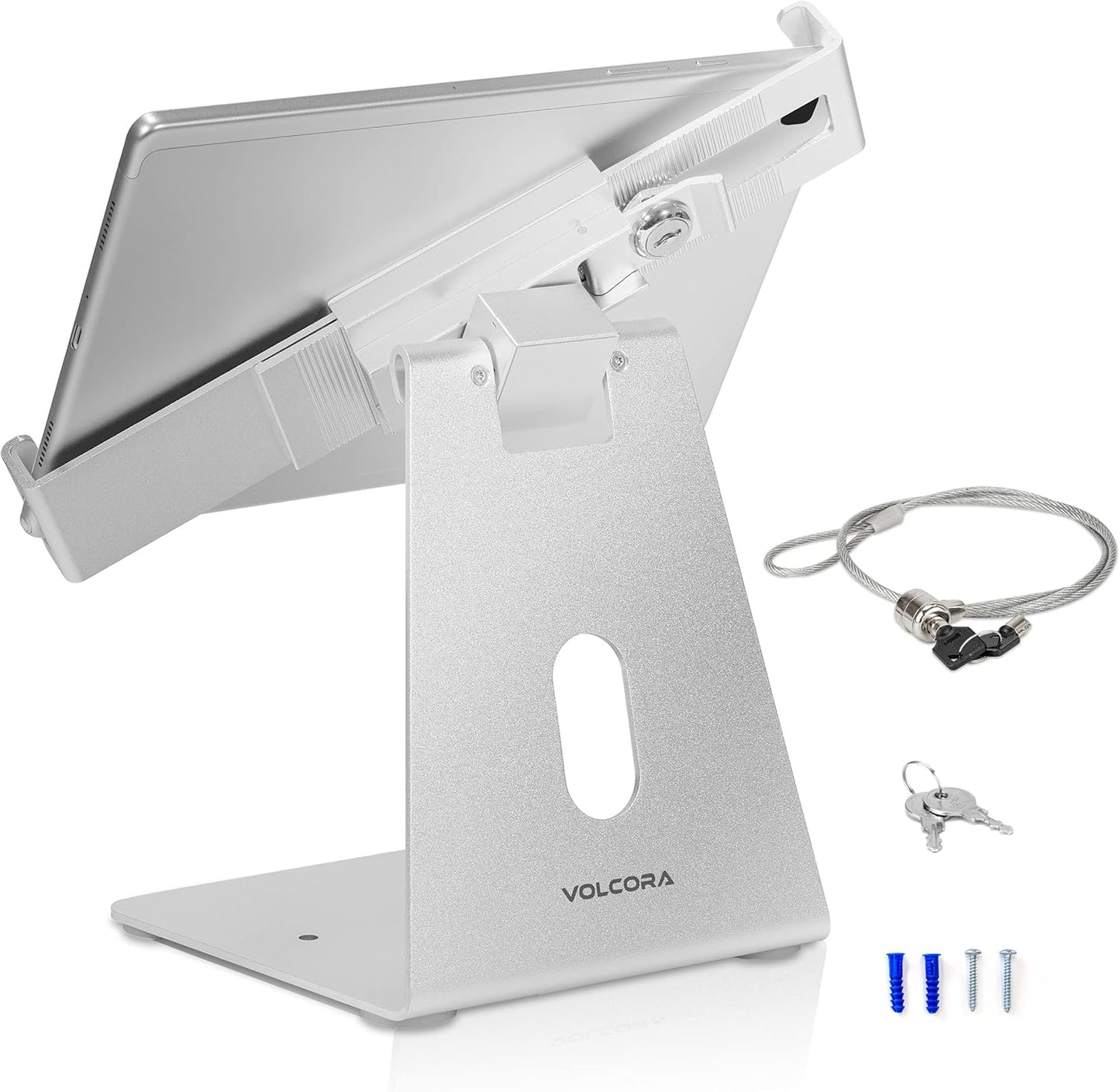 Volcora Anti-Theft Tablet Stand iPad Security Holder with Lock, Silver 10-13 Inch Kiosk Stand Mount, Swivel, Adjustable, for iPad Pro, Air, POS Register, Retail Business, Checkout, Cashier