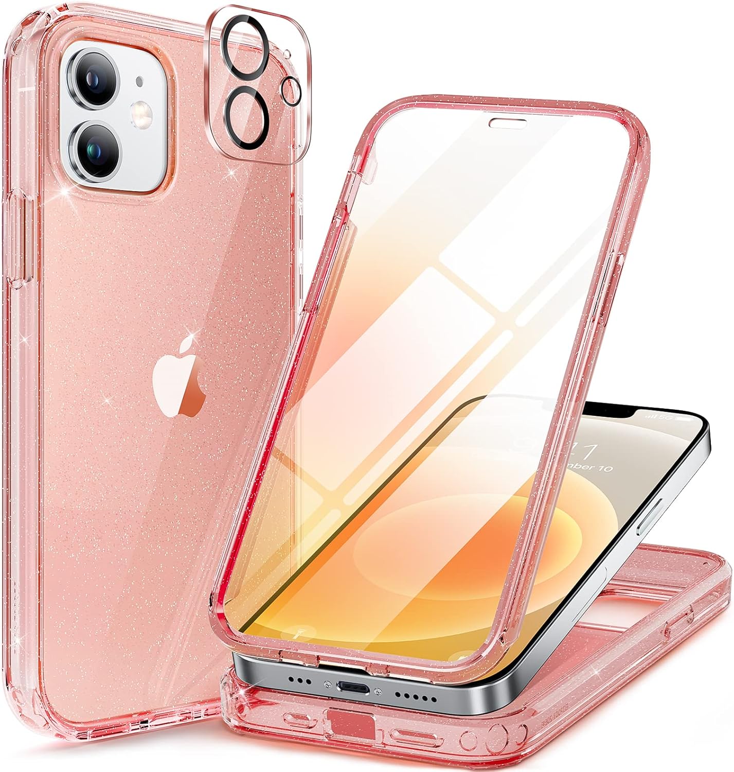 Miracase Glass Series for iPhone 12/12 Pro Case 6.1 inch, Upgraded Full-Body Rugged Phone Bumper Case Cover with Built-in 9H Tempered Glass Screen Protector and Camera Protector, Glitter Rose