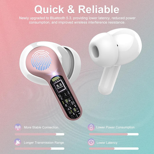 Wireless Earbuds, Bluetooth 5.4 Headphones HiFi Stereo, Bluetooth Earbuds with ENC Noise Cancelling Mic, IP7 Waterproof in Ear Earphones, 48H, LED Display Ear Buds for Pad Workout Sports, Rose Gold