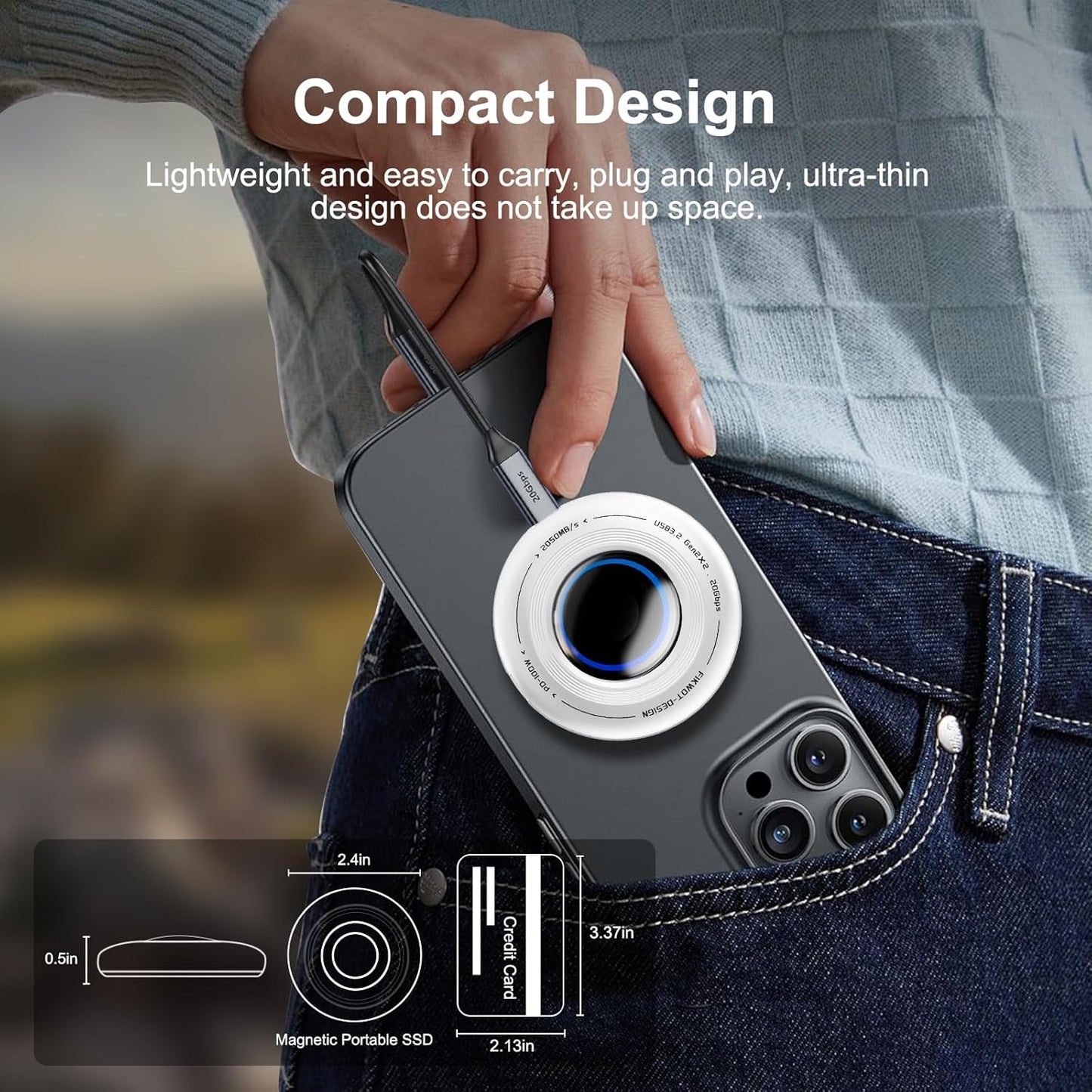 FP108 1TB Magnetic Portable SSD, External Solid State Drives with PD-100W and 2050MB/s USB-C 3.2 Gen 2x2, Play While Charging, Compatible with iPhone 16/15 Pro Max, Android, PC, Mac, Switch Lite