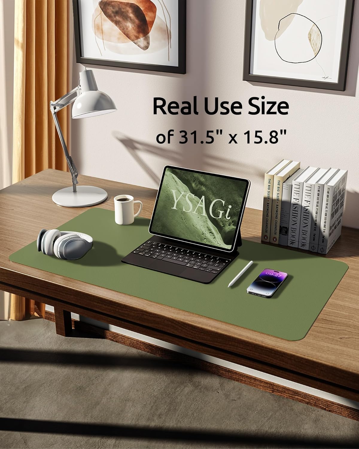 YSAGi Leather Desk Protector, Office Mat, Large Mouse Pad, Non-Slip PU Leather Blotter, Laptop Desk, Waterproof Writing Pad for Office and Home (Green, 31.5" x 15.8")
