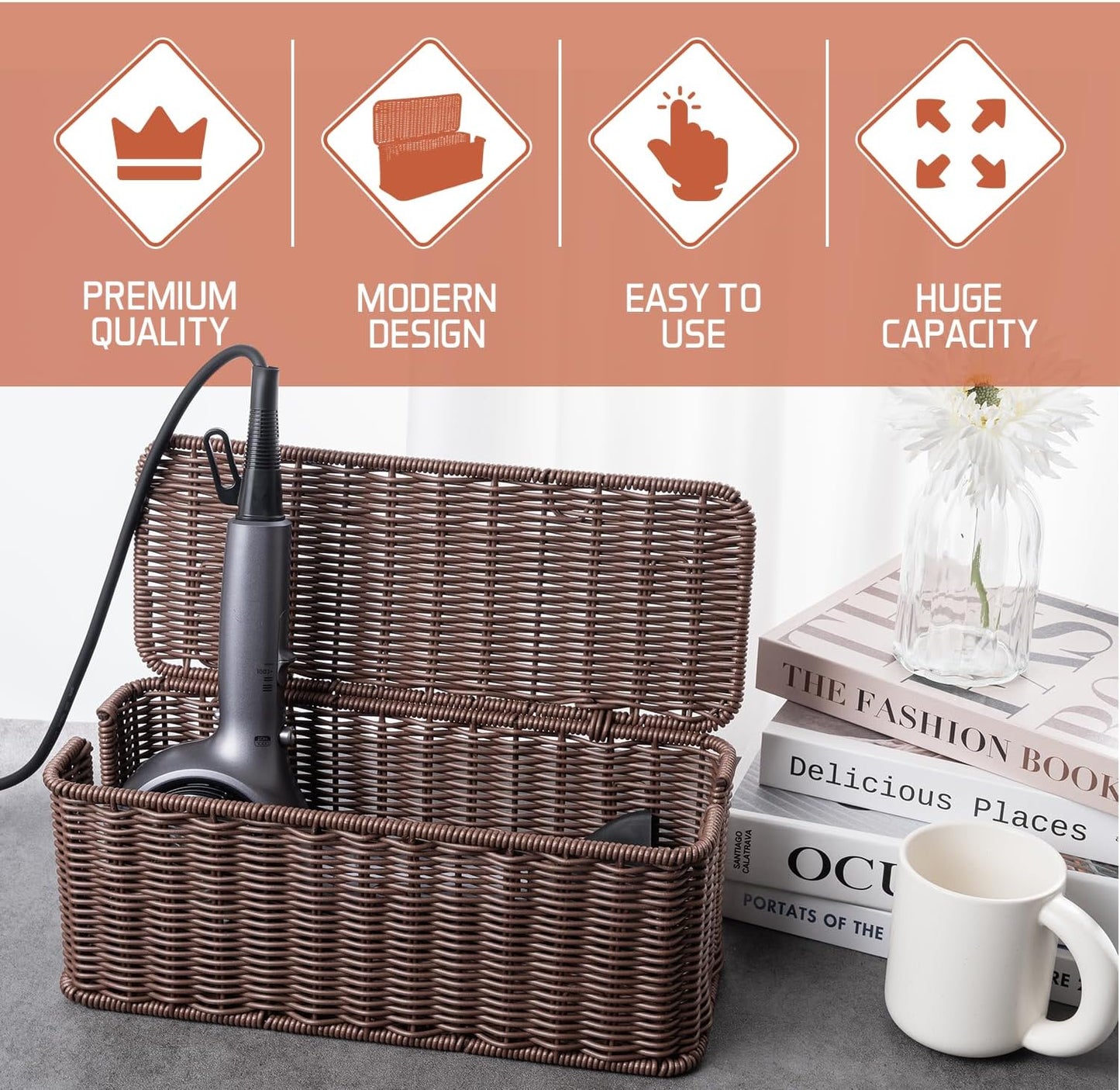 Cable Management Box, Handmade Rattan Cable Organizer, 2 Open Slots Cords Hider Box, Under Desk Cord Organizer for Computer Router USB Hub & Power Strip, Patent Pending, 13" x 5.1" x 5.1", Brown