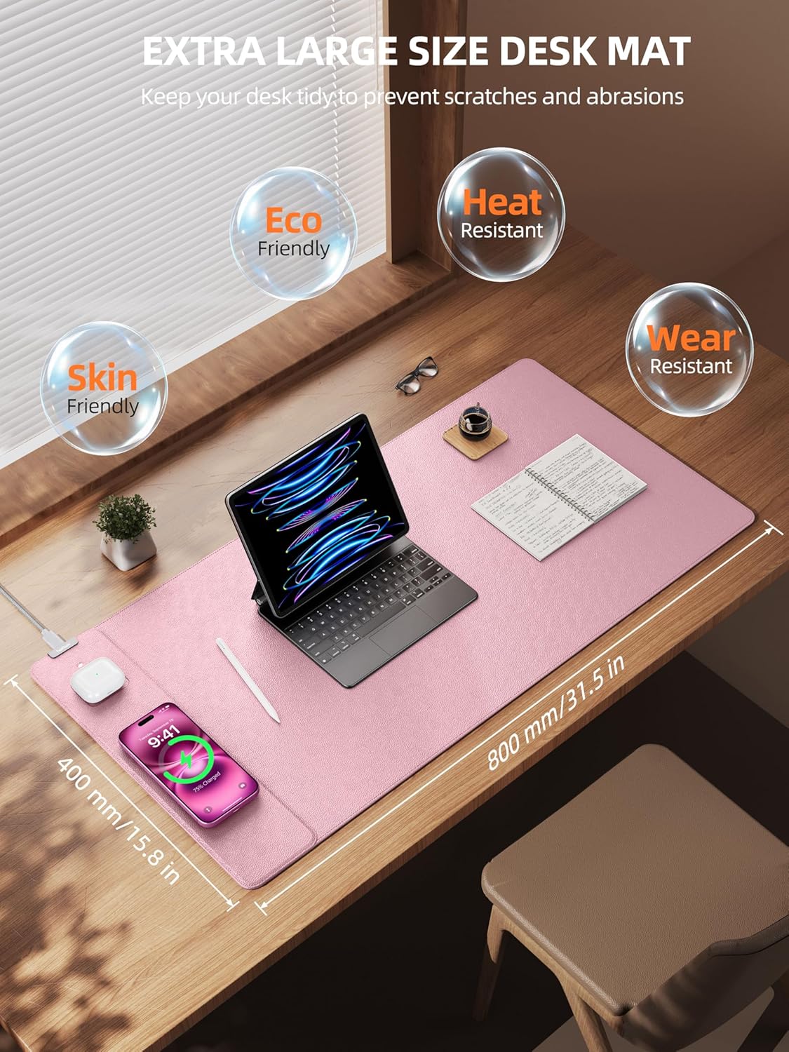 TopMade Mouse Pad with 15W Wireless Charging, XXL Large Leather Desk Mat, Waterproof Gaming Mousepad Home Office Desk Pad Protector, Computer Keyboard Pad, Mouse Mat for for MacBook, PC, Laptop, Pink