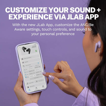 JLab Go Pods ANC True Wireless Bluetooth Earbuds & Charging Case, Hybrid Active Noise canceling + Be Aware for Safe Listening, 26+ Hours Total Playtime, Clear Calls, Custom Sound via App, Lilac