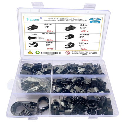 Bigtrans 300 Pcs Nylon Plastic R-Type Wire Clips with Screws 1/4" 5/16" 3/8" 1/2" 3/4" Clamps Fasteners Assortment for Cable Conduit -5 Size -Black