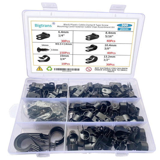 Bigtrans 300 Pcs Nylon Plastic R-Type Wire Clips with Screws 1/4" 5/16" 3/8" 1/2" 3/4" Clamps Fasteners Assortment for Cable Conduit -5 Size -Black