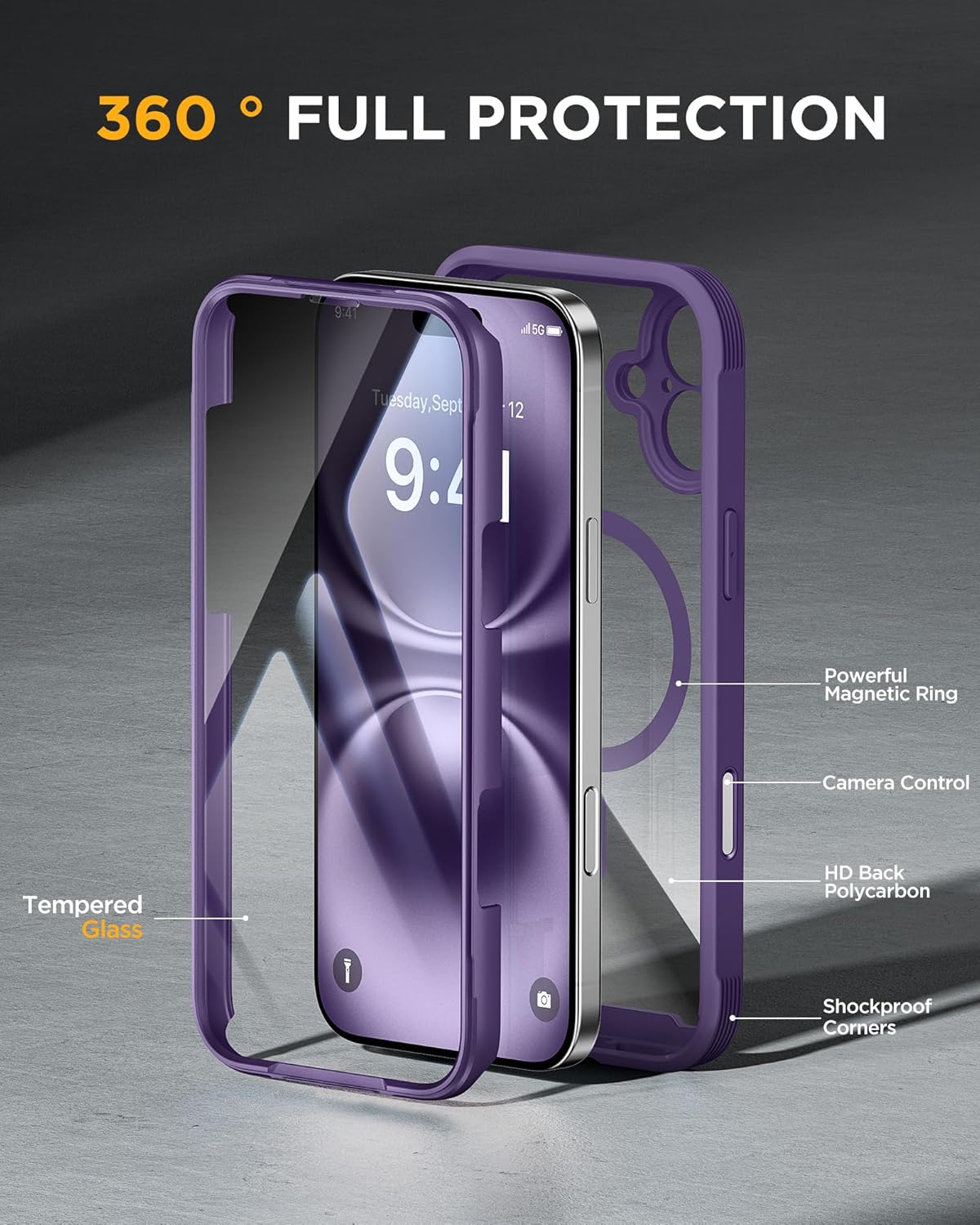 Miracase Magnetic for iPhone 16 Plus Case Full-Body Phone with Built-in Glass Screen Protector, [Compatible with MagSafe] Military Drop Proof 16 Plus Cover 6.7 inch, Purple