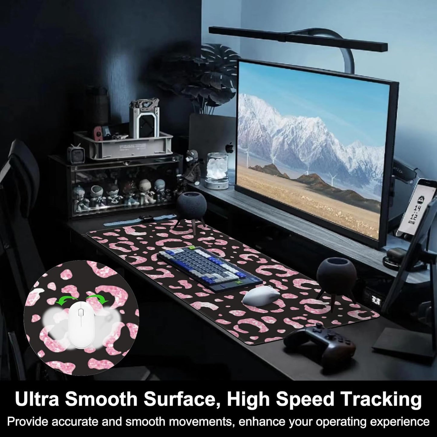 Mouse Pad, Large Rose Pink Leopard Printings Desk Mat, Extended Non-Slip Gaming Keyboard Mousepad Desk Pad, Thick Stitched Edges Waterproof Mouse Mat 31.5"x15.7" (Glittery Leopard Prints)