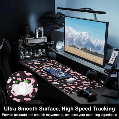 Mouse Pad, Large Rose Pink Leopard Printings Desk Mat, Extended Non-Slip Gaming Keyboard Mousepad Desk Pad, Thick Stitched Edges Waterproof Mouse Mat 31.5"x15.7" (Glittery Leopard Prints)