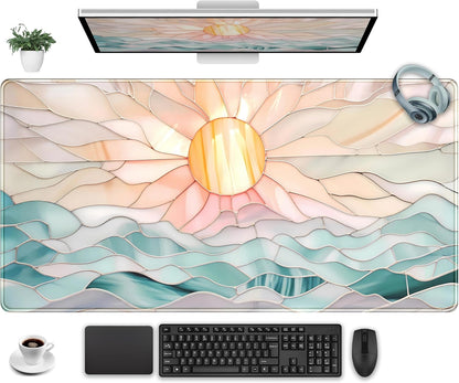 Desk Mat Gaming Desk Pad Large Mouse and Keyboard Pad, Abstract Serene Ocean Sunrise Mouse Mat XXL, Pastel Desk Protector Mat Computer Mats for Desktop Sun & Waves Office Decor 31.5" x 15.7"