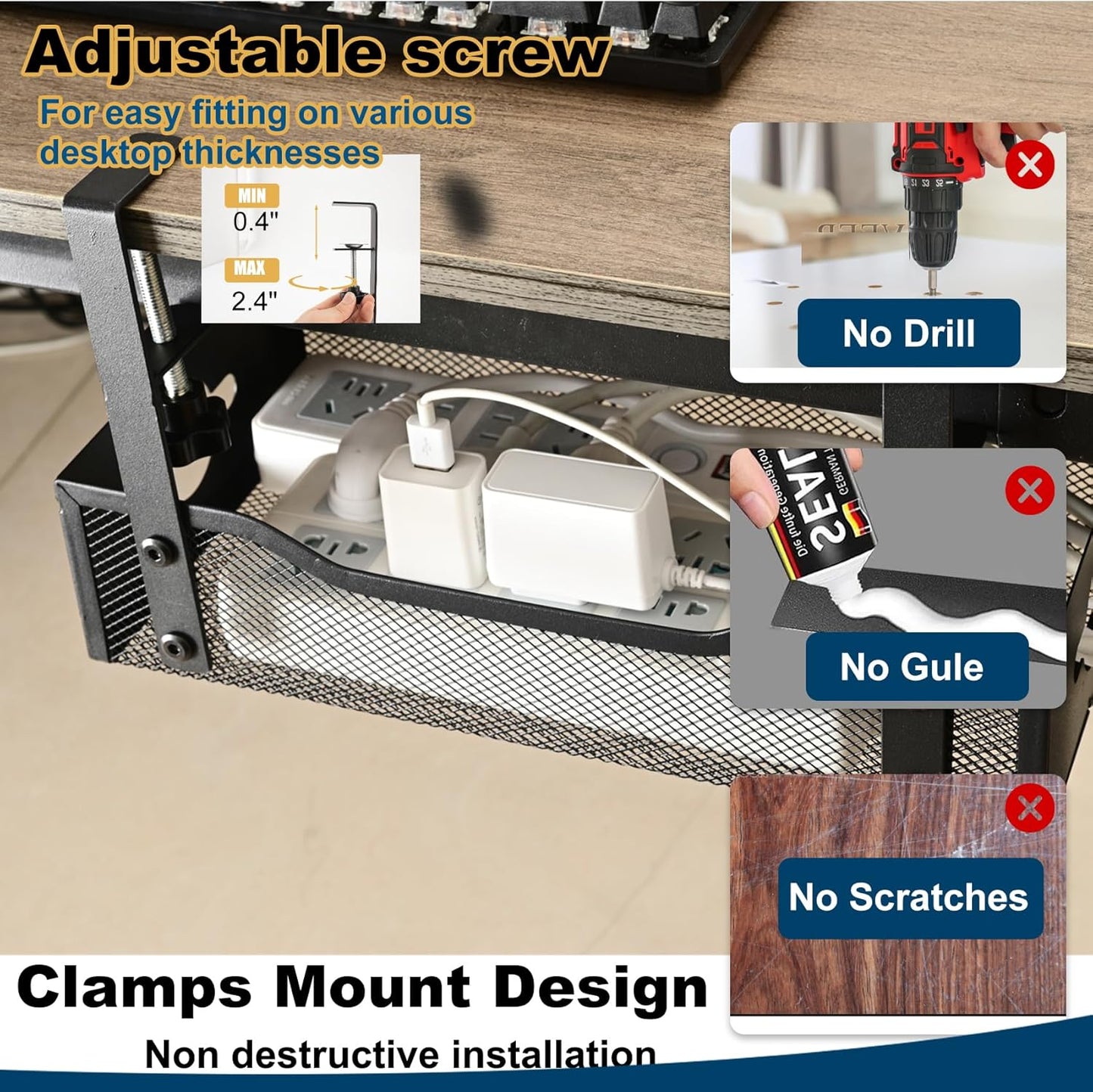 Large Under Desk Cable Management Tray - Heavy Duty Metal Cord Organizer with No Drill Installation for Office & Home Office Desks to Hide Wires & Power Strips (Black, XL)