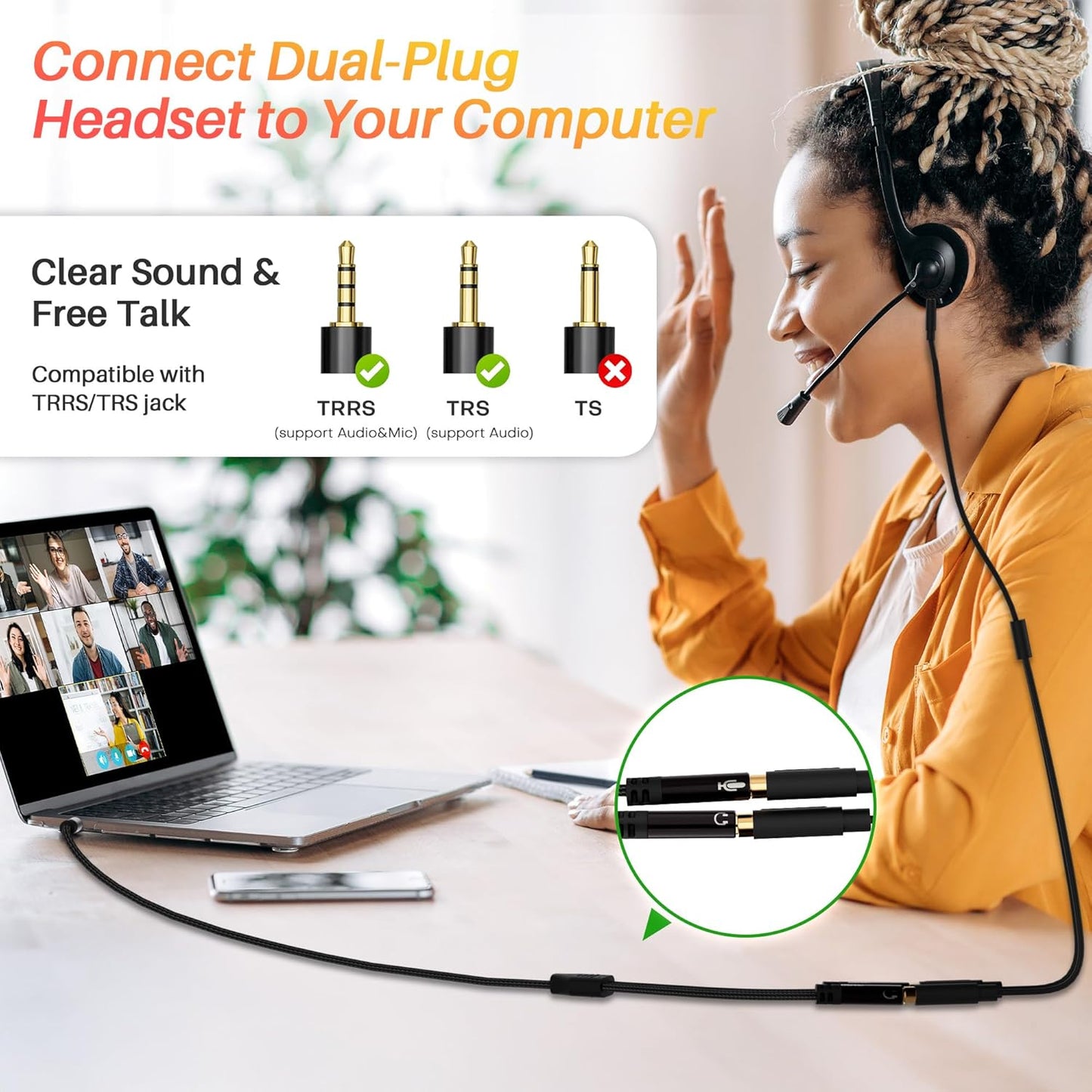 1/8inch Aux Headphone Splitter 2 Way Cable 2FT, 3.5mm 1 Male to 2 Female Mic and Audio Y TRRS Adapter, Compatible with Headset Earphone Switch 2/PS4/PS5 Steam Deck Xbox PC Laptop Phone Tablet Gaming