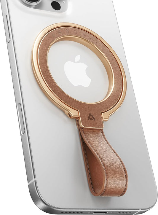 andobil[2025 Premium Leather]Magnetic Phone Grip for MagSafe[Unrivaled Stability]Adjustable Phone Ring Kickstand with Leather Loop Compatible with MagSafe Accessories&iPhone 16 Pro Max/15/14/13,Brown