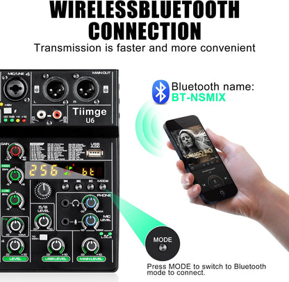 Professional 6-Channel Audio Mixer with 256 DSP Effects,48V Phantom Power,Bluetooth,MP3,USB Recording Input,Portable Sound Mixing Console for Streaming,DJ Show,Karaoke