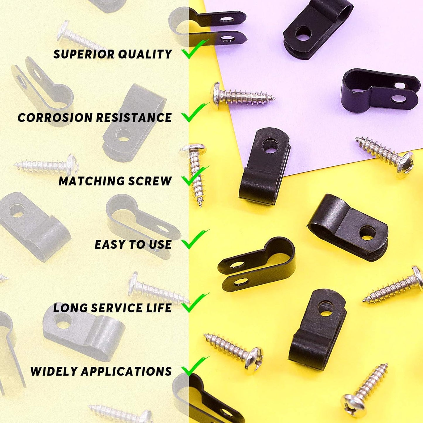 Swpeet 120 Pack Black 1/4 Inch Nylon Plastic R-Type Cable Clips Clamp Kit, Nylon Screw Mounting Cord Fastener Clips with 120 Pack Screws for Wire Management (1/4 Inch, Black)