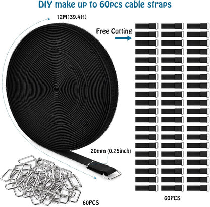 0.75" x39.4ft Hook and Loop Straps with 60 Buckles Adjustable Cut-to-Length Cable Ties - Reusable Nylon Fastening Tape Cable Straps for Storage or Organization (0.75in x 39.4ft)