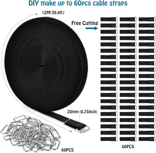0.75" x39.4ft Hook and Loop Straps with 60 Buckles Adjustable Cut-to-Length Cable Ties - Reusable Nylon Fastening Tape Cable Straps for Storage or Organization (0.75in x 39.4ft)