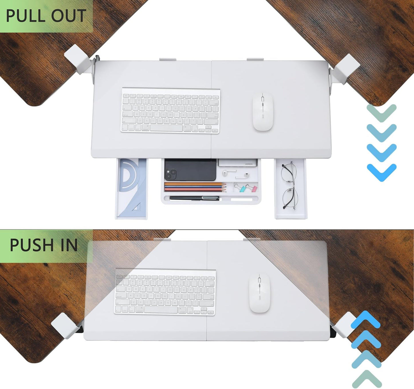 ETHU Keyboard Tray Under Desk, Ergonomic Corner Keyboard Tray with 180° Adjustable C Clamp for L Shape Desk 26.77" X 12.2" Easy to Install, Computer Keyboard Stand for Home and Office (White)