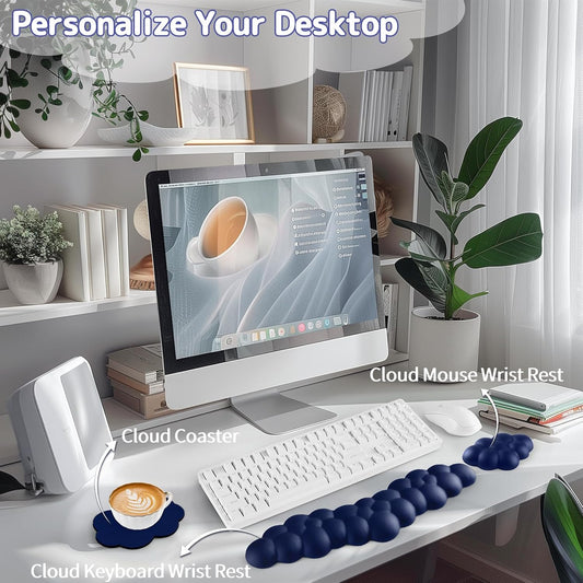 Cloud Wrist Rest for Keyboard and Mouse, Memory Foam PU Leather Keyboard Wrist Rest with Ergonomic Support, Non-Slip Base, Cute Arm Rest Pad & Palm Cushion, Office Desk Accessory, Dark Blue