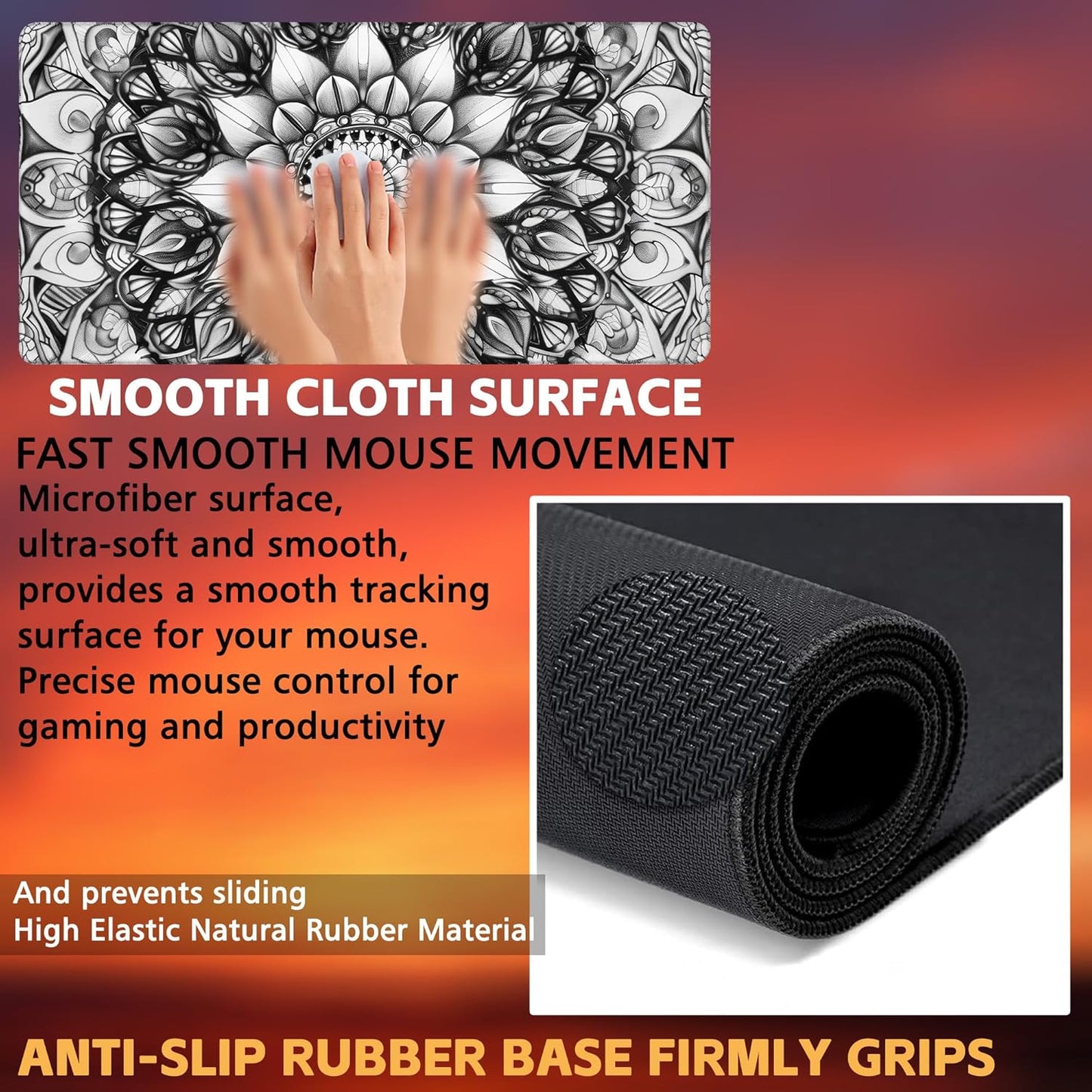 Large Gaming Mouse Pad for Desk, Black and White Mandala Desk Mat, Mandala Flower Desk Pad, 31.5"x15.7" Extended Big Computer Keyboard Mouse Pad with Non-Slip Base and Stitched Edge