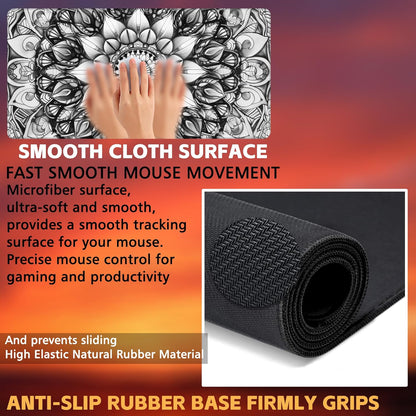 Large Gaming Mouse Pad for Desk, Black and White Mandala Desk Mat, Mandala Flower Desk Pad, 31.5"x15.7" Extended Big Computer Keyboard Mouse Pad with Non-Slip Base and Stitched Edge