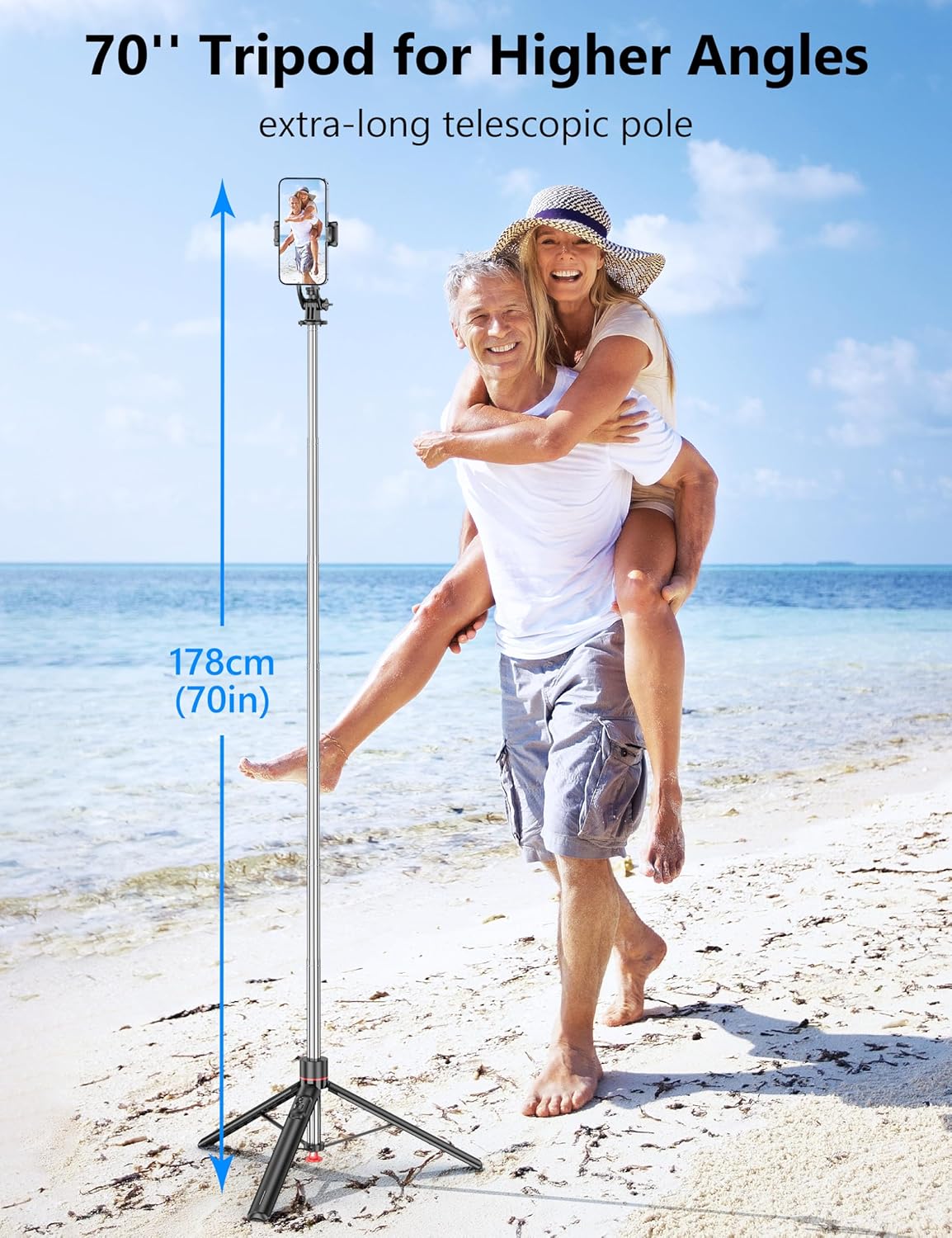 70'' Automatic Tripod, Extendable Selfie Stick Phone with Magnetic Remote & 1/4" Screw Camera Tripod Lightweight Travel Tripod for Cell Phone Compatible with iPhone 16/15/14/13/12/Android