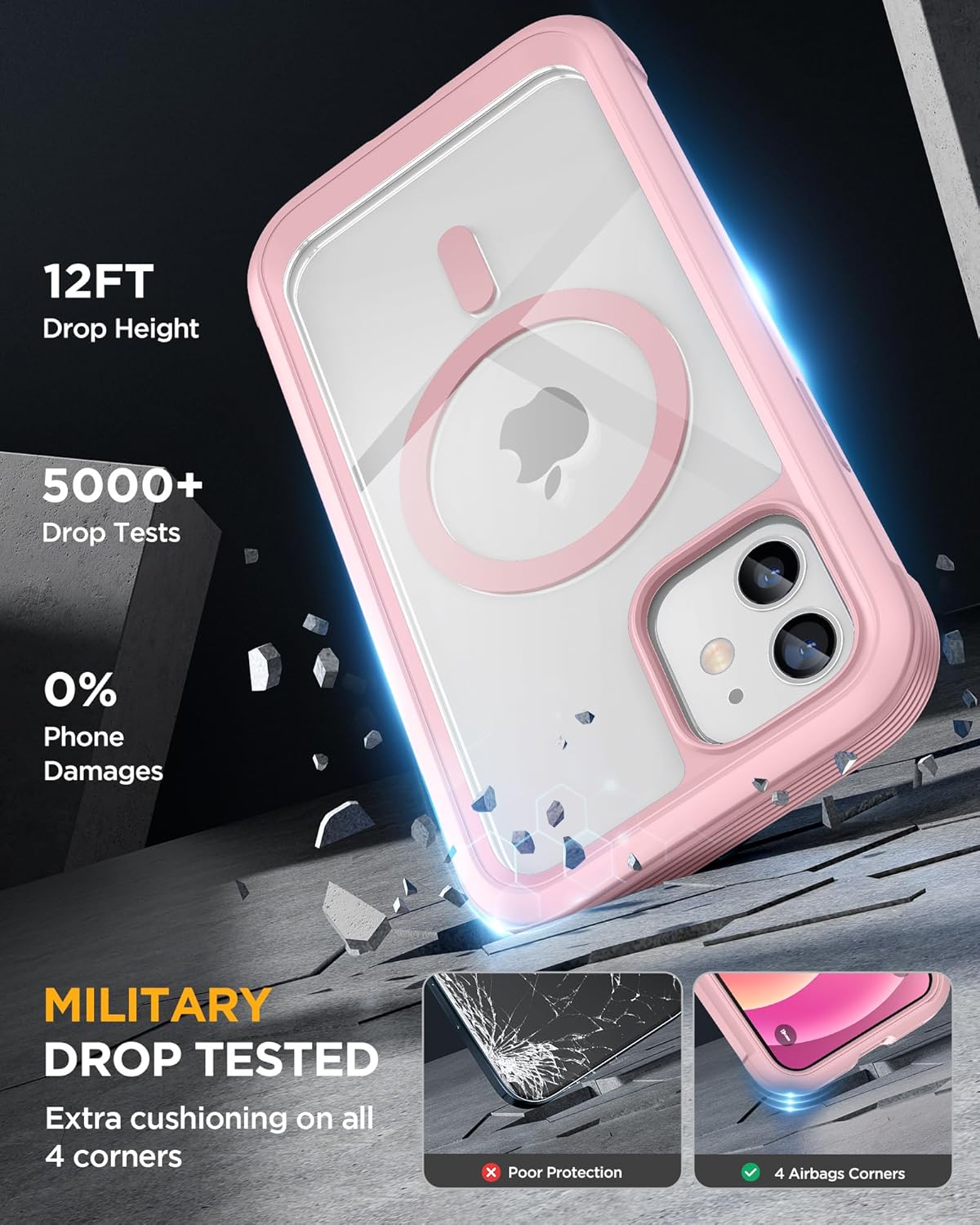 Miracase Magnetic for iPhone 12 mini Case, [360 Full-Body Protection & Complete Camera Guard], Drop & Scratch-Resistant, Shockproof, Stylish Clear iPhone Case, iPhone 12 mini Cover, Gray Pink