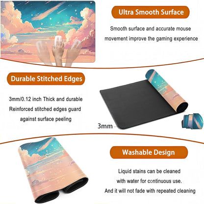 Cool Pink Desk Mat Pastel Clouds Large XXL Gaming Mouse Pad Non-Slip Rubber Base Mousepad, Office Desktop Decor Desk Pad, Computer Laptop Keyboard and Mouse Mat with Stitched Edges, 31.5x15.75 in