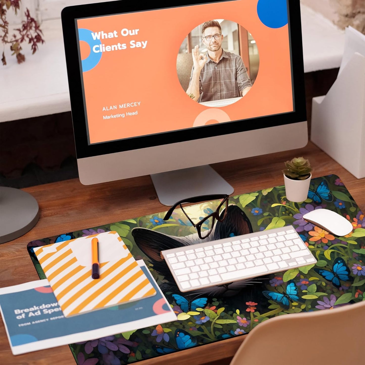 Desk Pad, Cute Black Cat Desk Mat, Cat Among Butterfly Flowers Large Gaming Mouse Pad for Desk, 31.5"x15.7" Extended Big Computer Keyboard Mouse Pad with Non-Slip Base and Stitched Edge