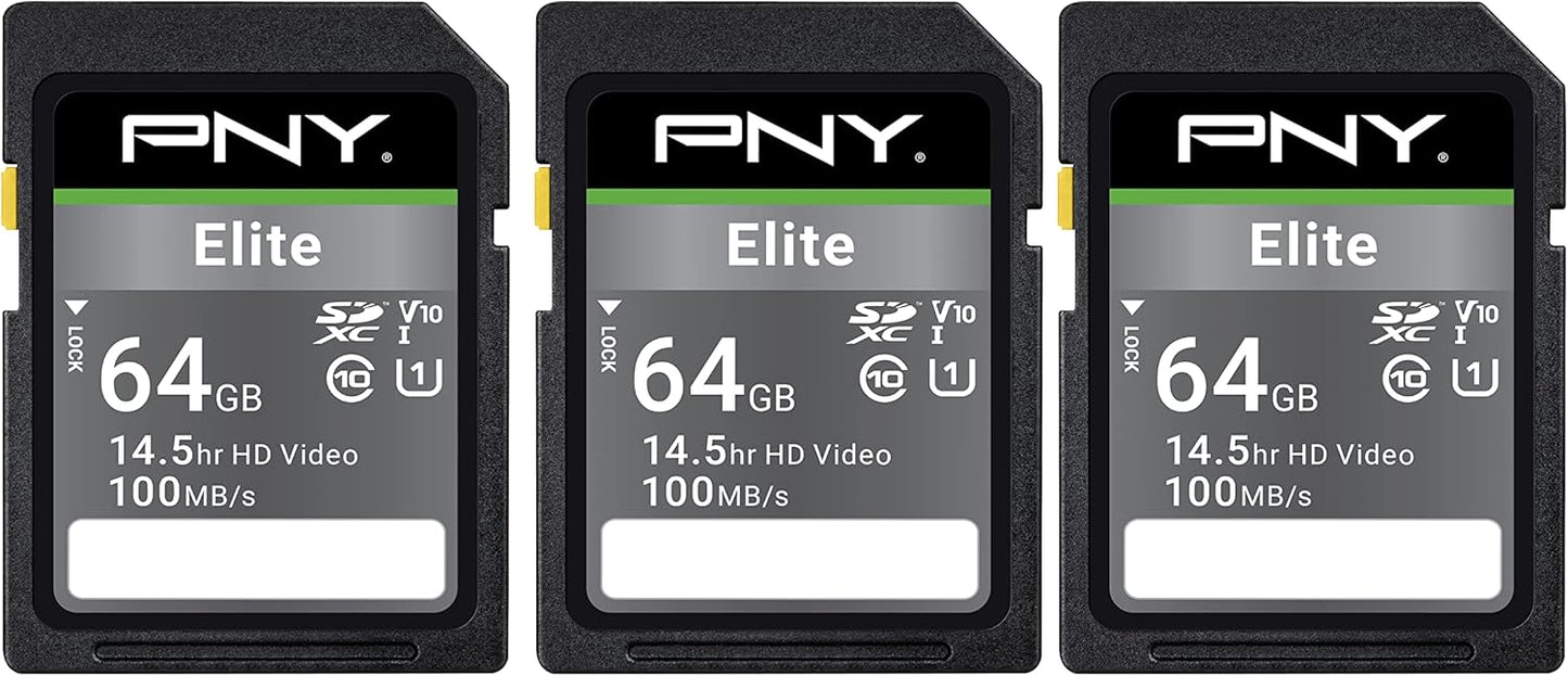 PNY 64GB Elite Class 10 U1 V10 SDXC Flash Memory Card - 100MB/s Read, Class 10, U1, V10, Full HD, UHS-I, Full Size SD (P-SD64GX3U1100EL-MP) (Pack of 3)