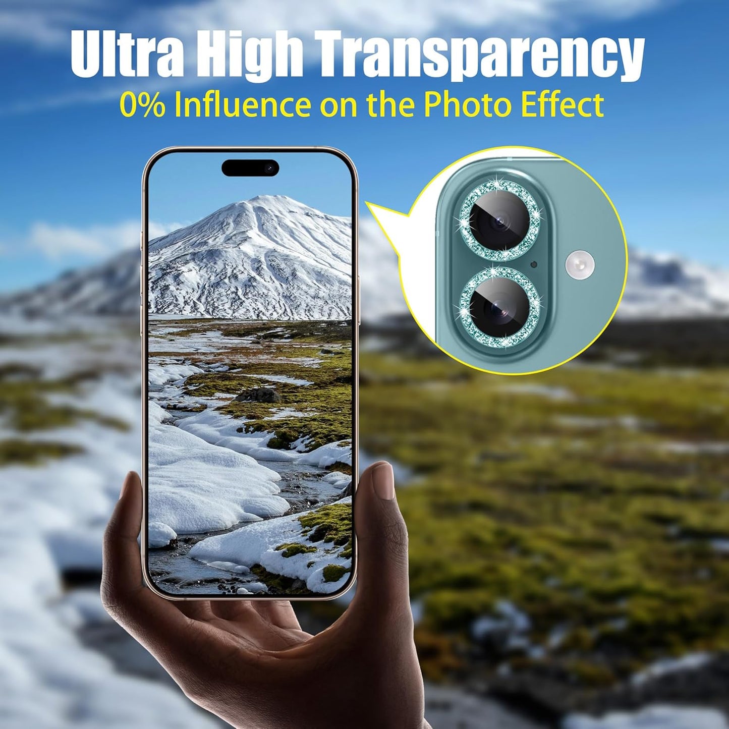 AGVEE 3+3 6 Pack for iPhone 16 6.1" / 16 Plus 6.7" Camera Lens Cover Protector, Bling Glitter & CD-Textured Metal Ring 9H Tempered HD Glass Camera Cover Protector Film, Glitter-Green