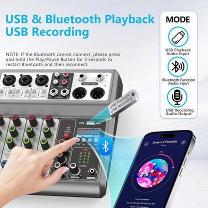 Aveek Professional Audio Mixer, Sound Board Mixing Console with 5 Channel Digital USB Bluetooth Echo Delay Effect, Input 48V Phantom Power Stereo DJ Mixers for Recording, Live Streaming, Podcasting