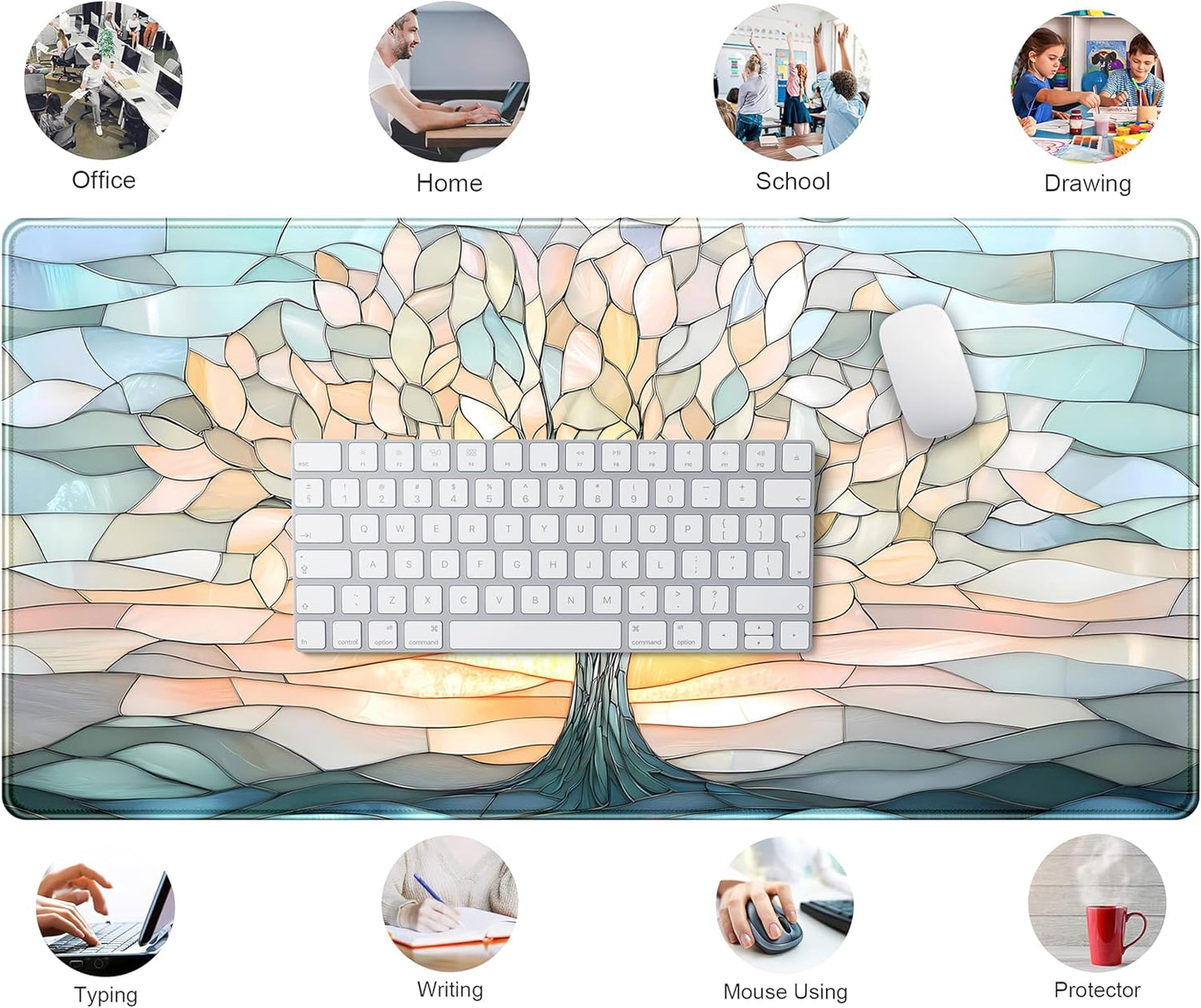 Desk Mat Cute Tree of Life Mouse Pad Gaming XXL Large Extended Desk Matt for Desktop, Faux Stained Glass Pastel Desk Pad, Laptop Computer Keyboard Mouse Mat, Office Decor Deskamt, 31.5x15.75 in