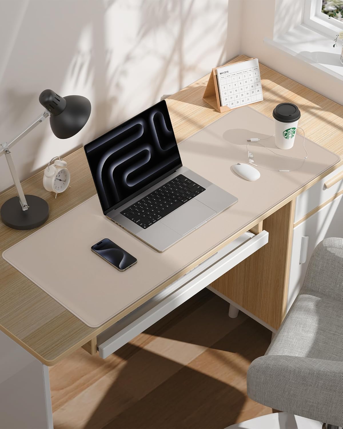 AFIING Leather Desk Pad Protector, Office Mat, Large Mouse Pad, Non-Slip PU Leather Blotter, Waterproof Writing Pad for Office and Home (Beige)